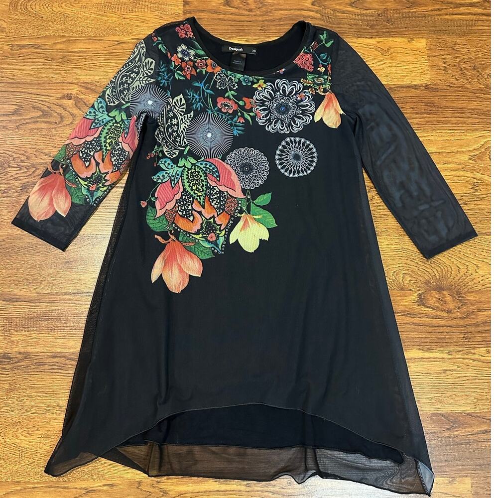 Desigual Women's Colorful Floral Print Tunic Top Black Long Sleeve XS Eclectic